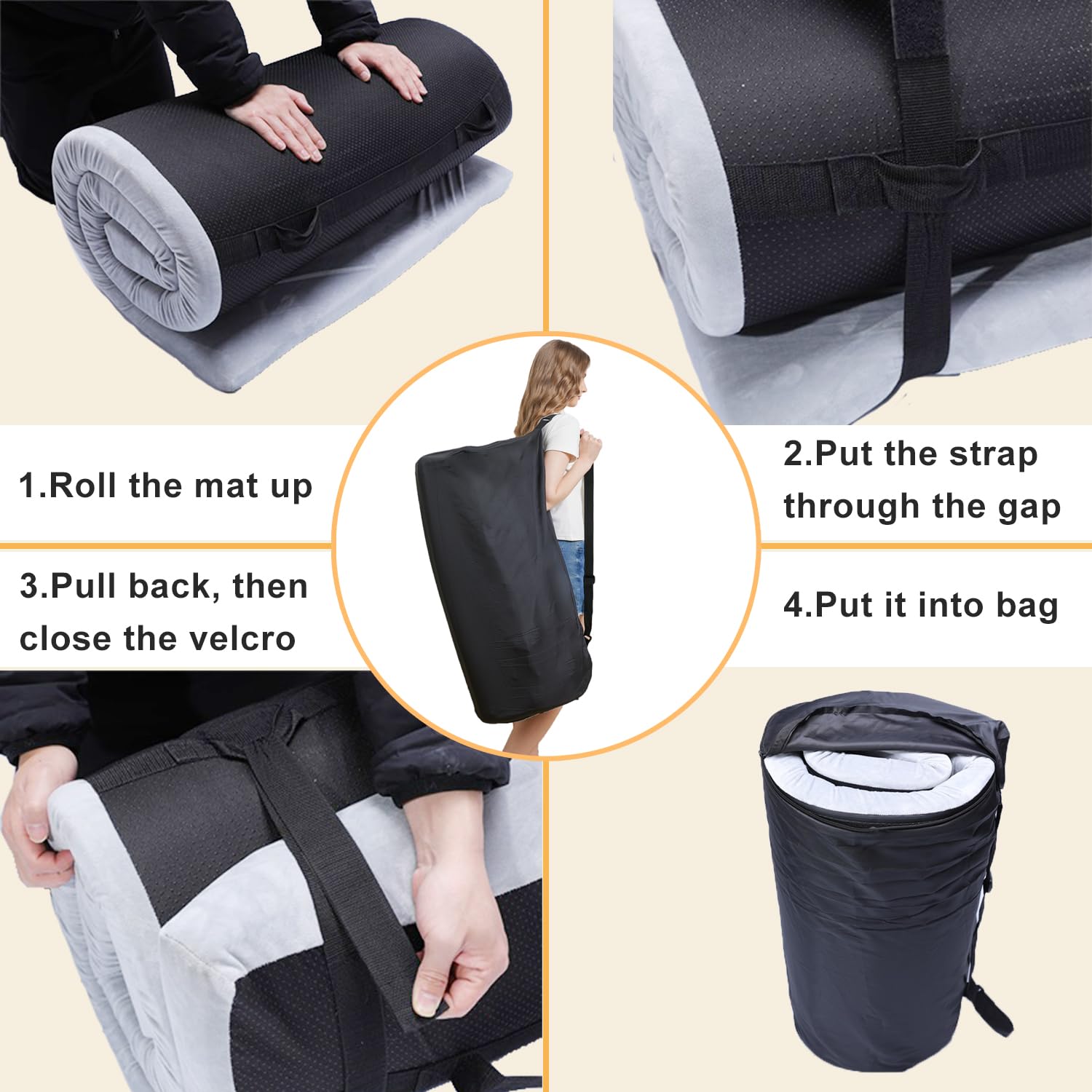 TokSay foam camping mattress rolled in storage bag demonstrates compact packing.