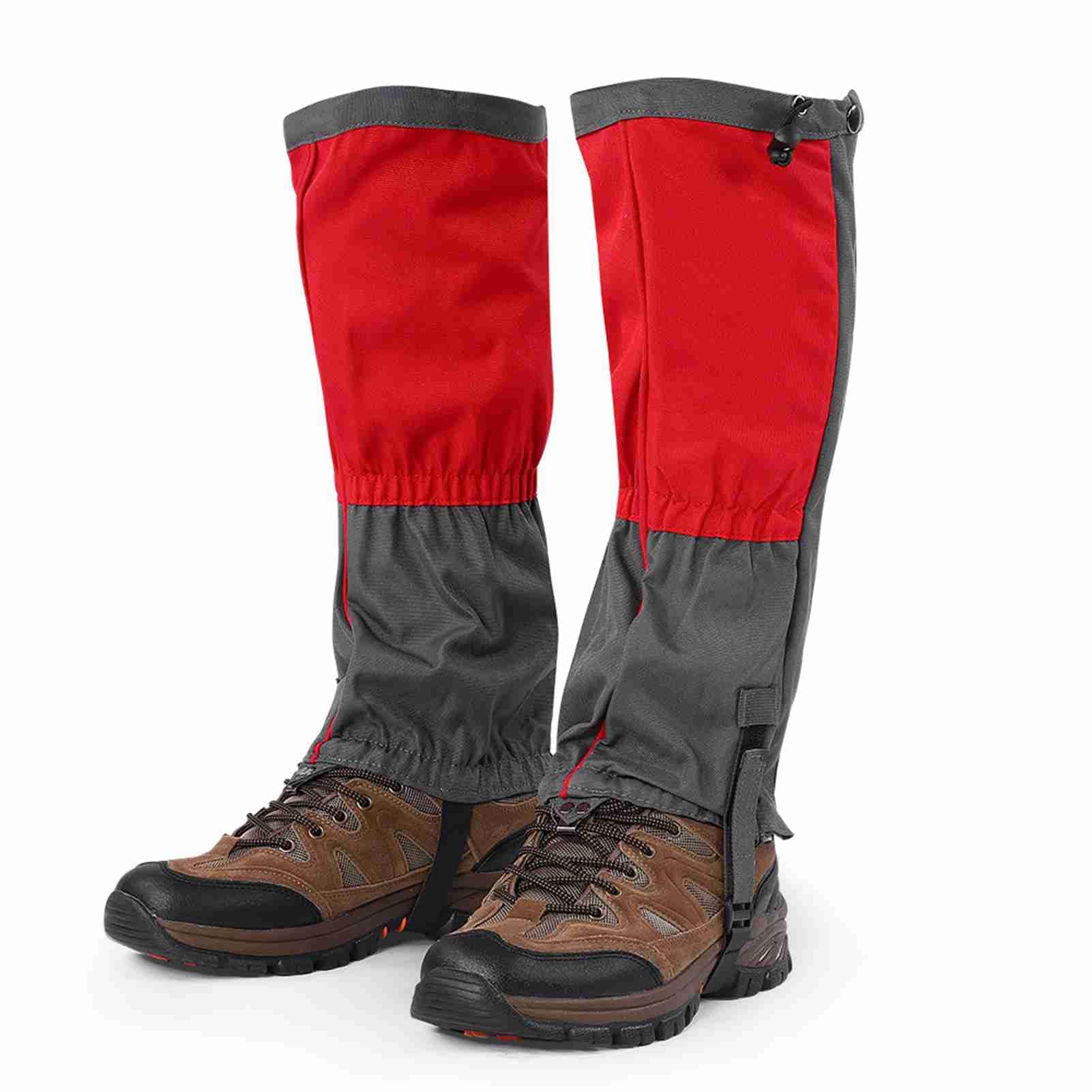 Tomedny gaiters in red worn on rugged terrain while hiking