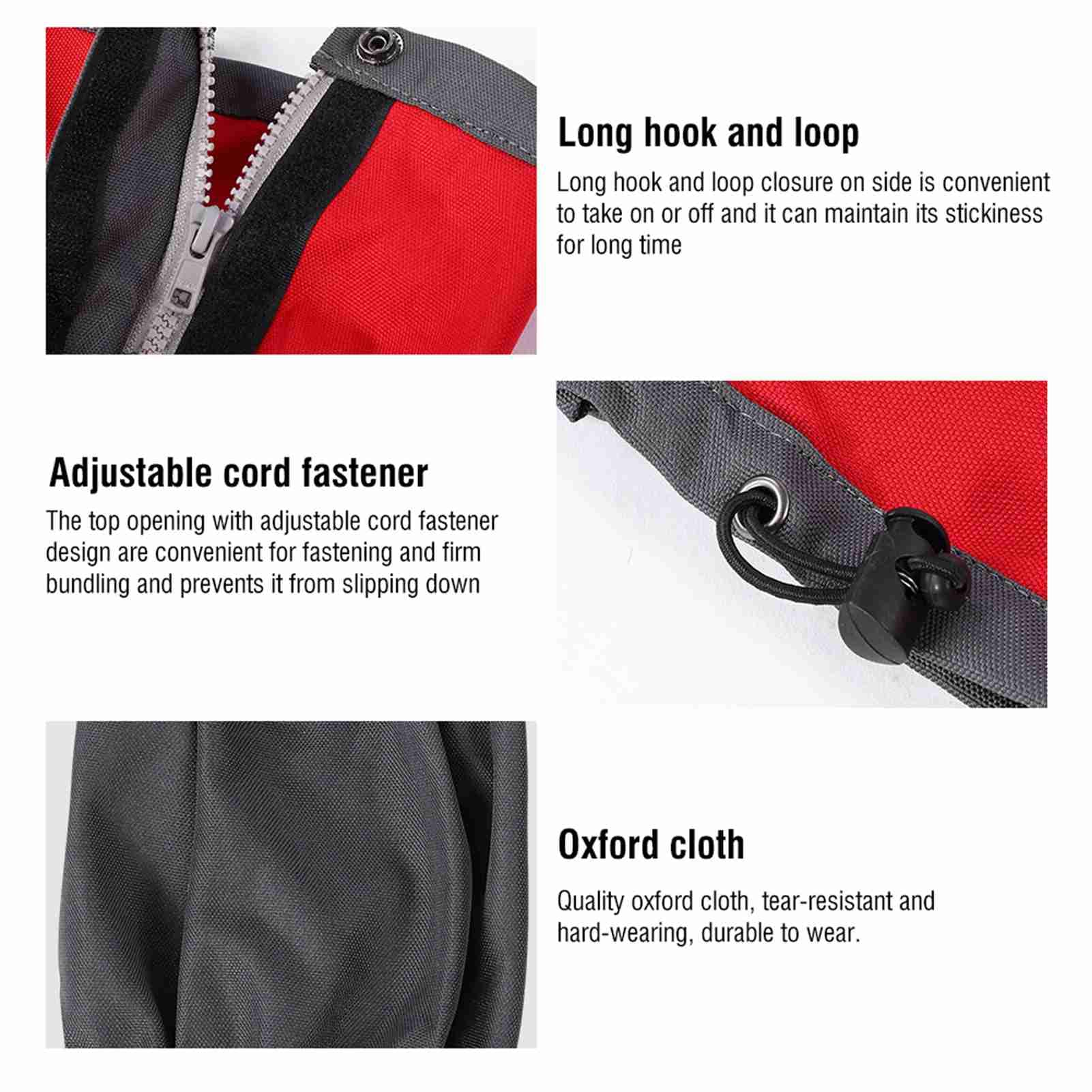 Tomedny red gaiters with adjustable strap fastened for secure placement