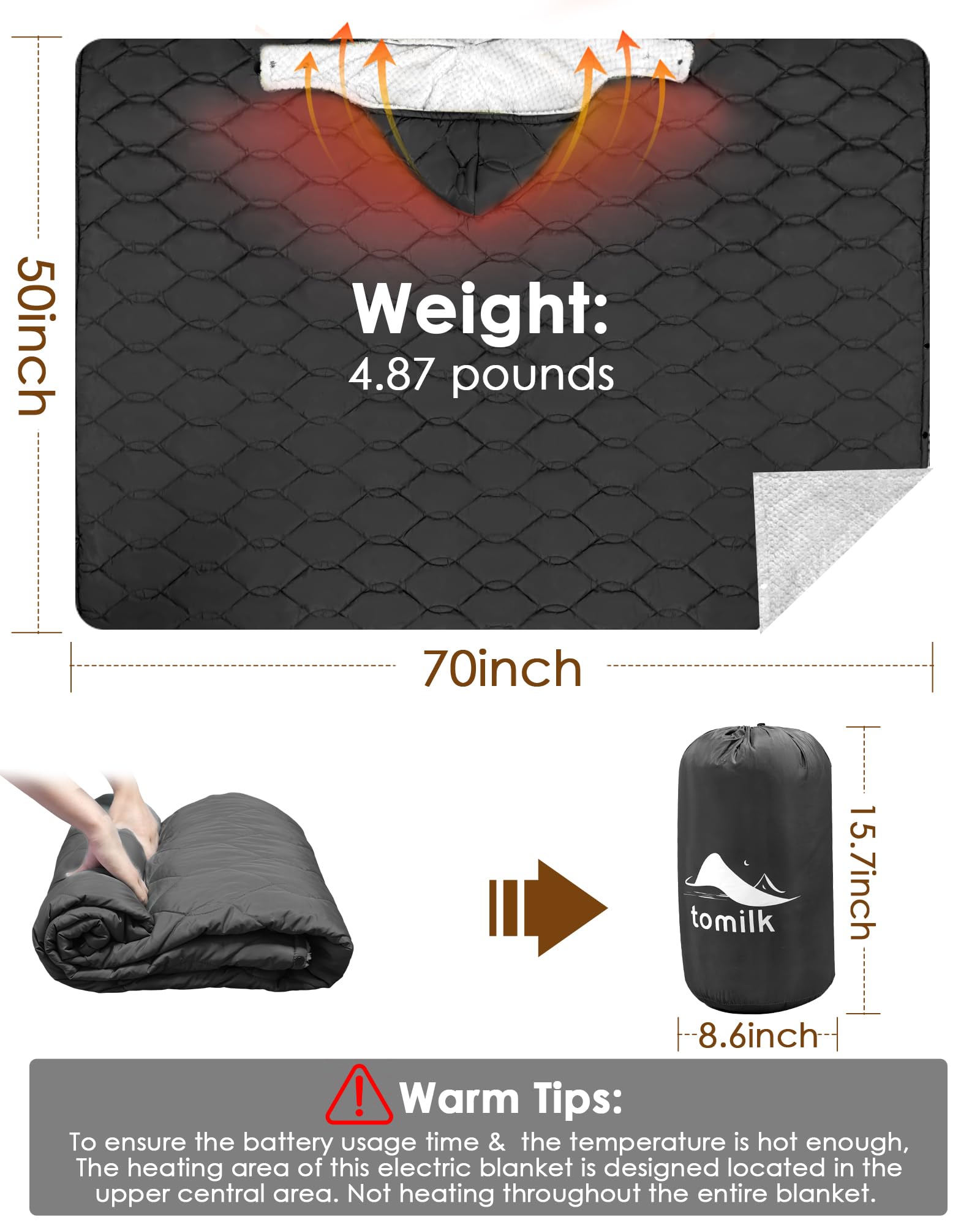 tomilk heated blanket 50x70-size highlights ample coverage for full body warmth indoors or at camp.