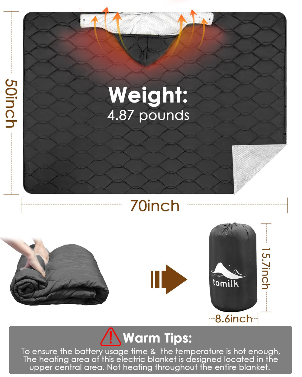 tomilk heated blanket 50x70-size highlights ample coverage for full body warmth indoors or at camp.