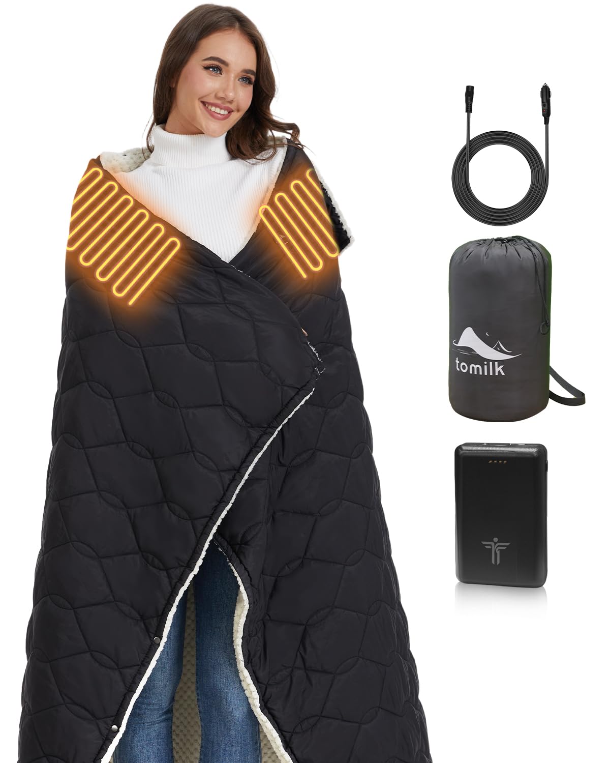 tomilk heated blanket hood detachable shows versatile wear as poncho or shawl for outdoor comfort.