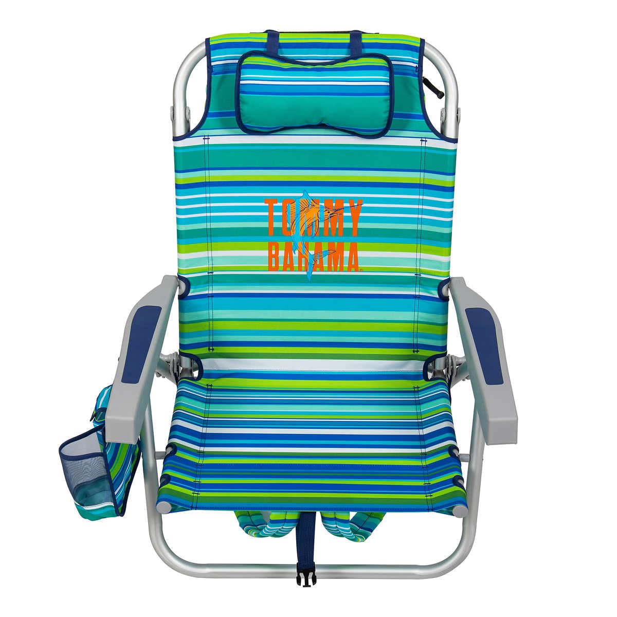 Tommy Bahama 5-Position Beach Chair features insulated pouch to keep drinks cool.
