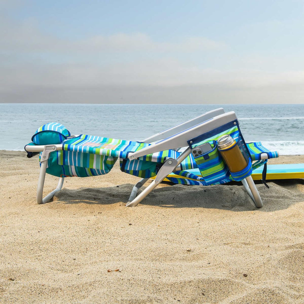 Tommy Bahama 5-Position Beach Chair in green stripes shows adjustable recline positions for personalized comfort.