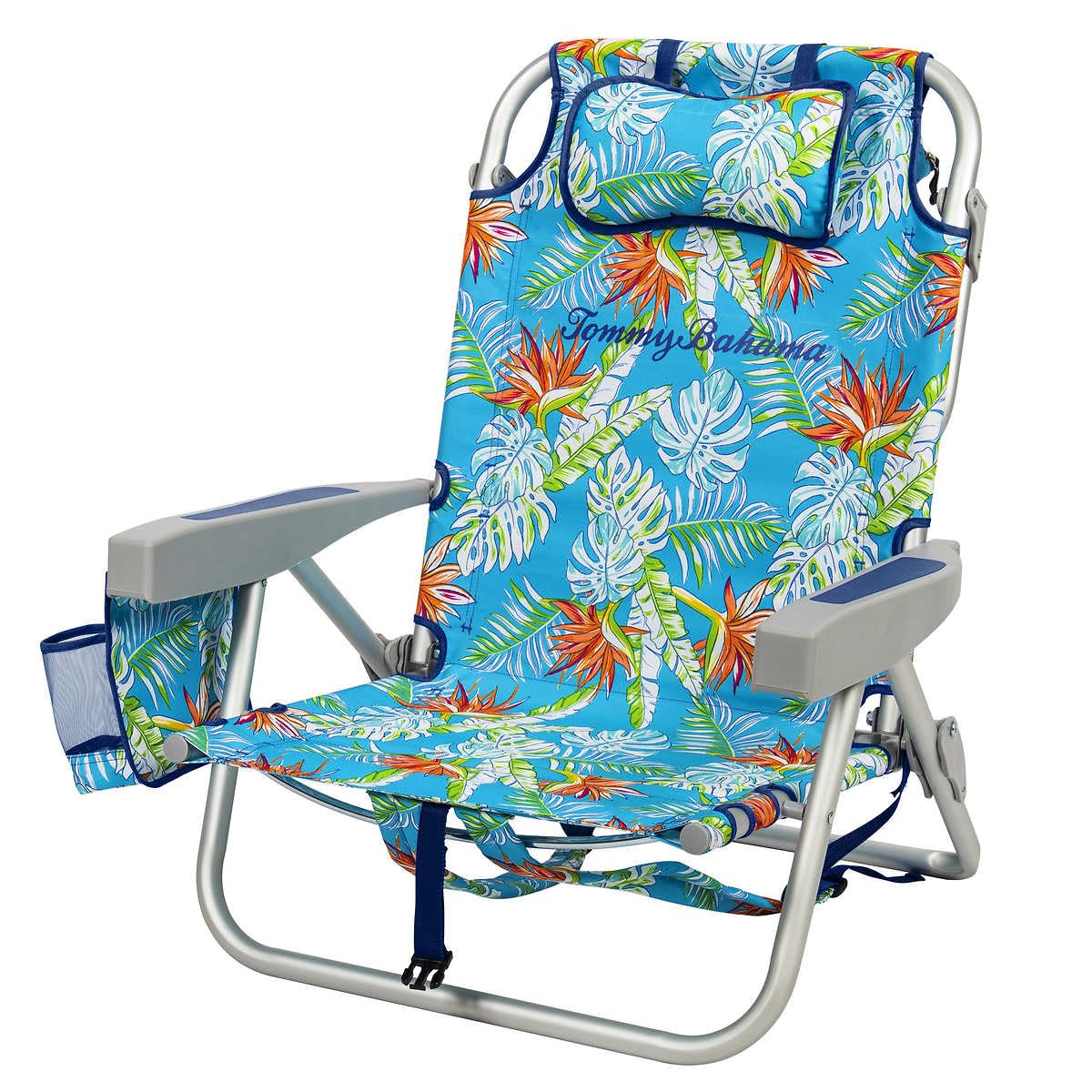 Tommy Bahama backpack beach chair floral open with lay-flat option