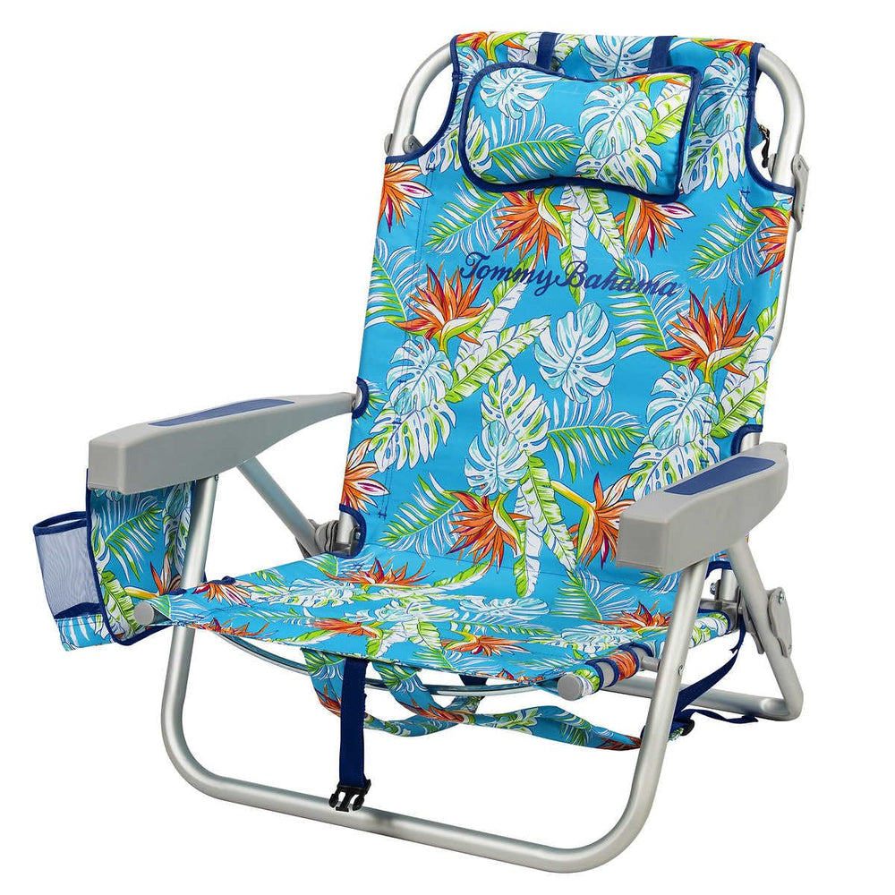 Tommy Bahama backpack beach chair floral open with lay-flat option