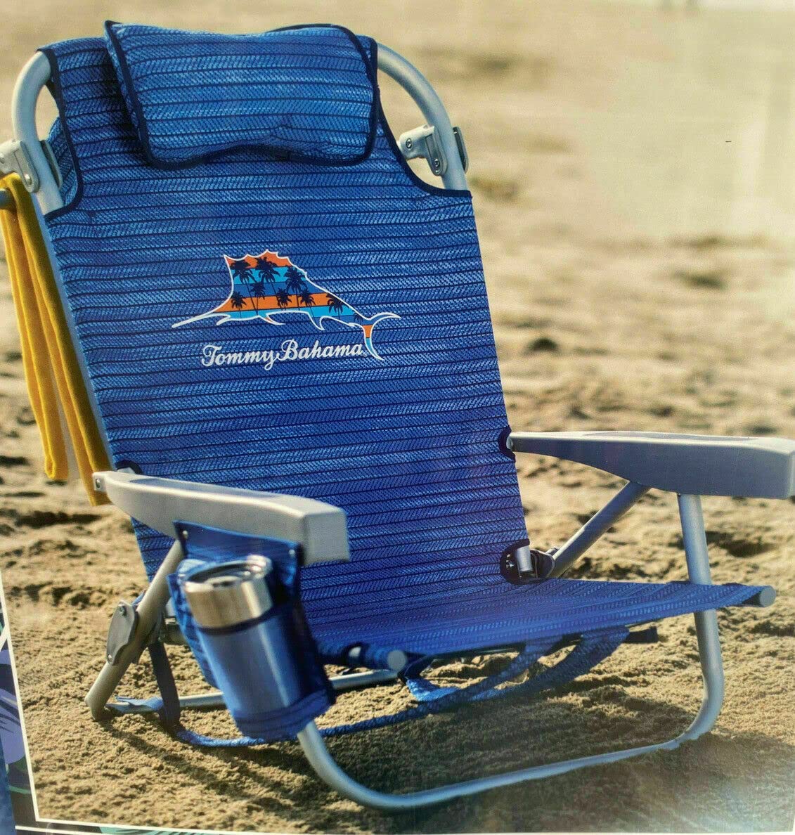 Tommy Bahama backpack beach chair Sailfish pattern for seaside lounging with multiple reclining options