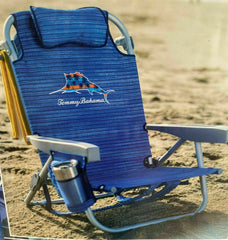 Tommy Bahama backpack beach chair Sailfish pattern for seaside lounging with multiple reclining options