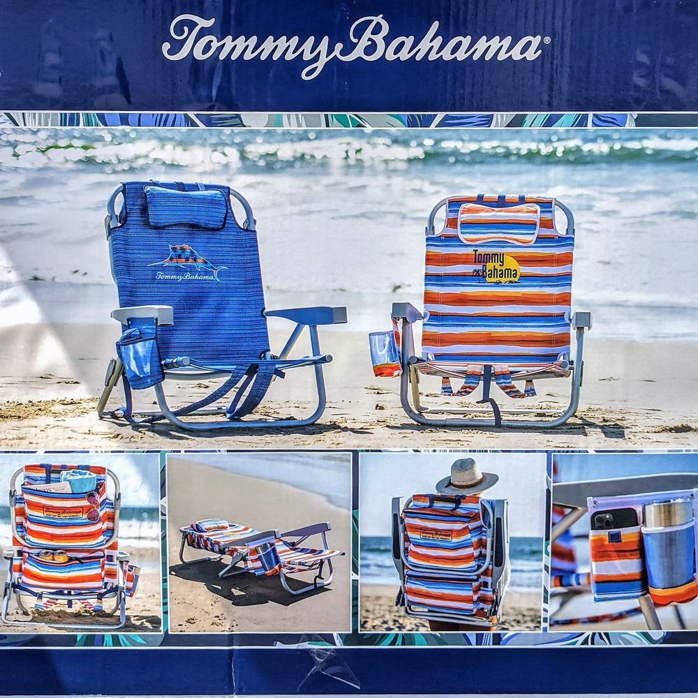 Tommy Bahama chair featuring storage bag for accessories and gear organization