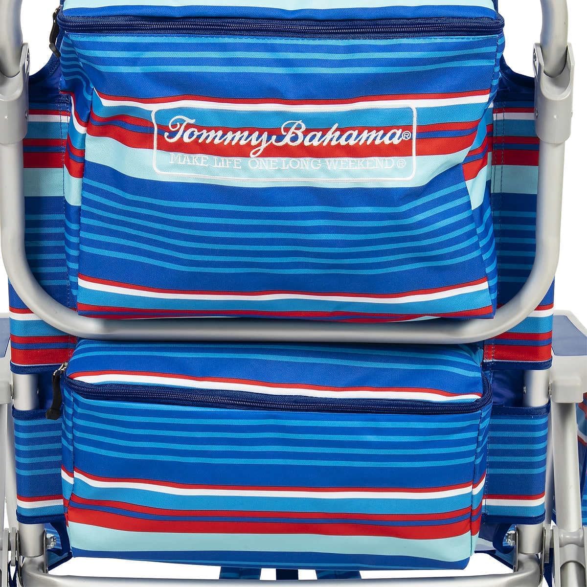 Tommy Bahama backpack chair cup holder and cell pocket for snacks and calls.