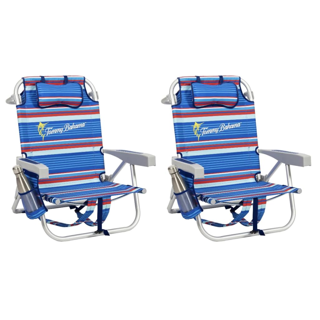 Tommy Bahama backpack chair open Sailfish with 5-position recline for sunning.