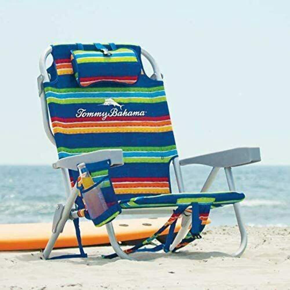 Tommy Bahama backpack beach chair with cooler in red white blue stripe; adjustable five-position recline