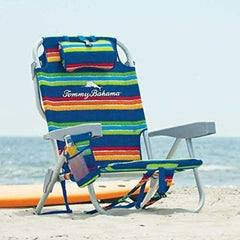 Tommy Bahama backpack beach chair with cooler in red white blue stripe; adjustable five-position recline