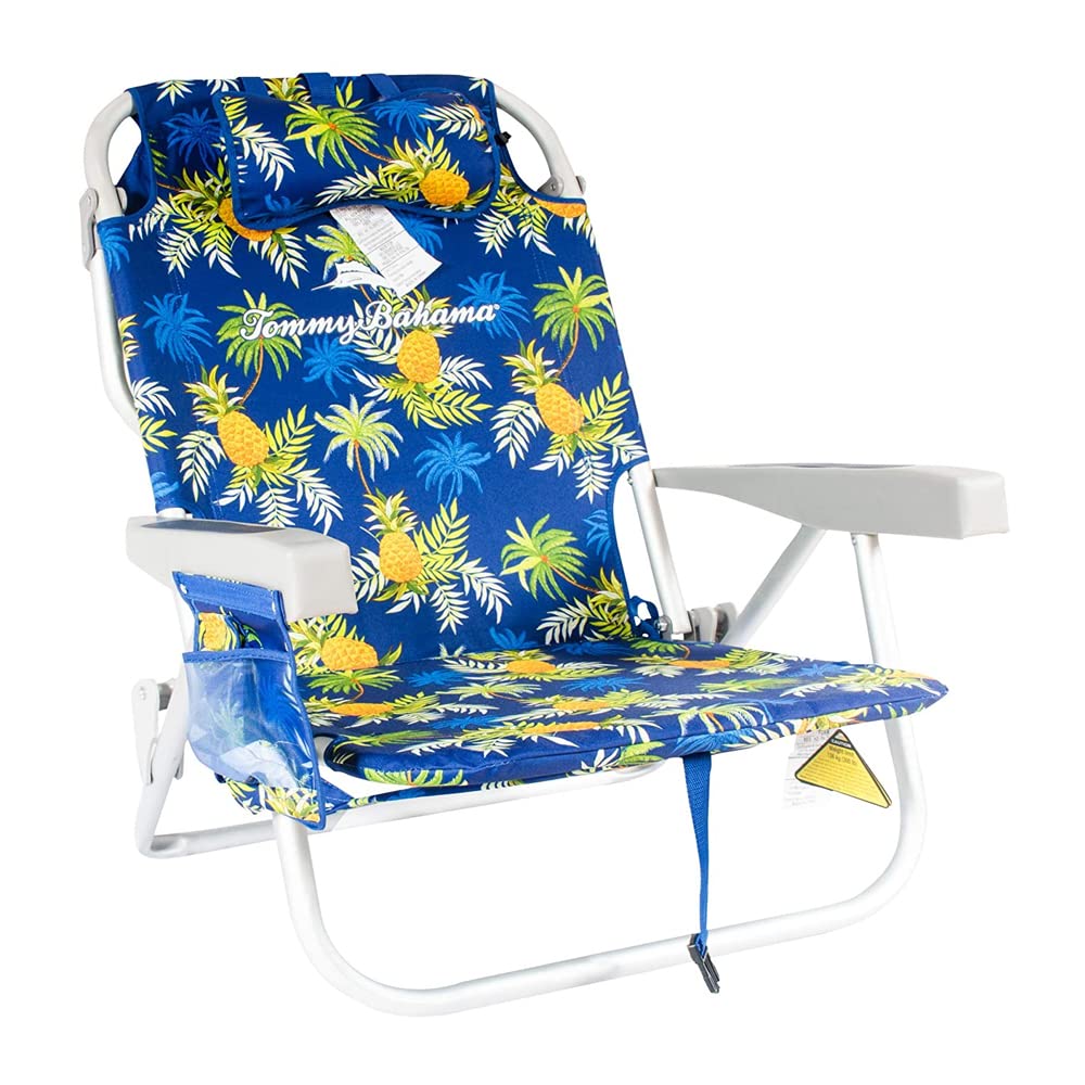 Tommy Bahama beach chair open in sun with five-position recline for versatile comfort.