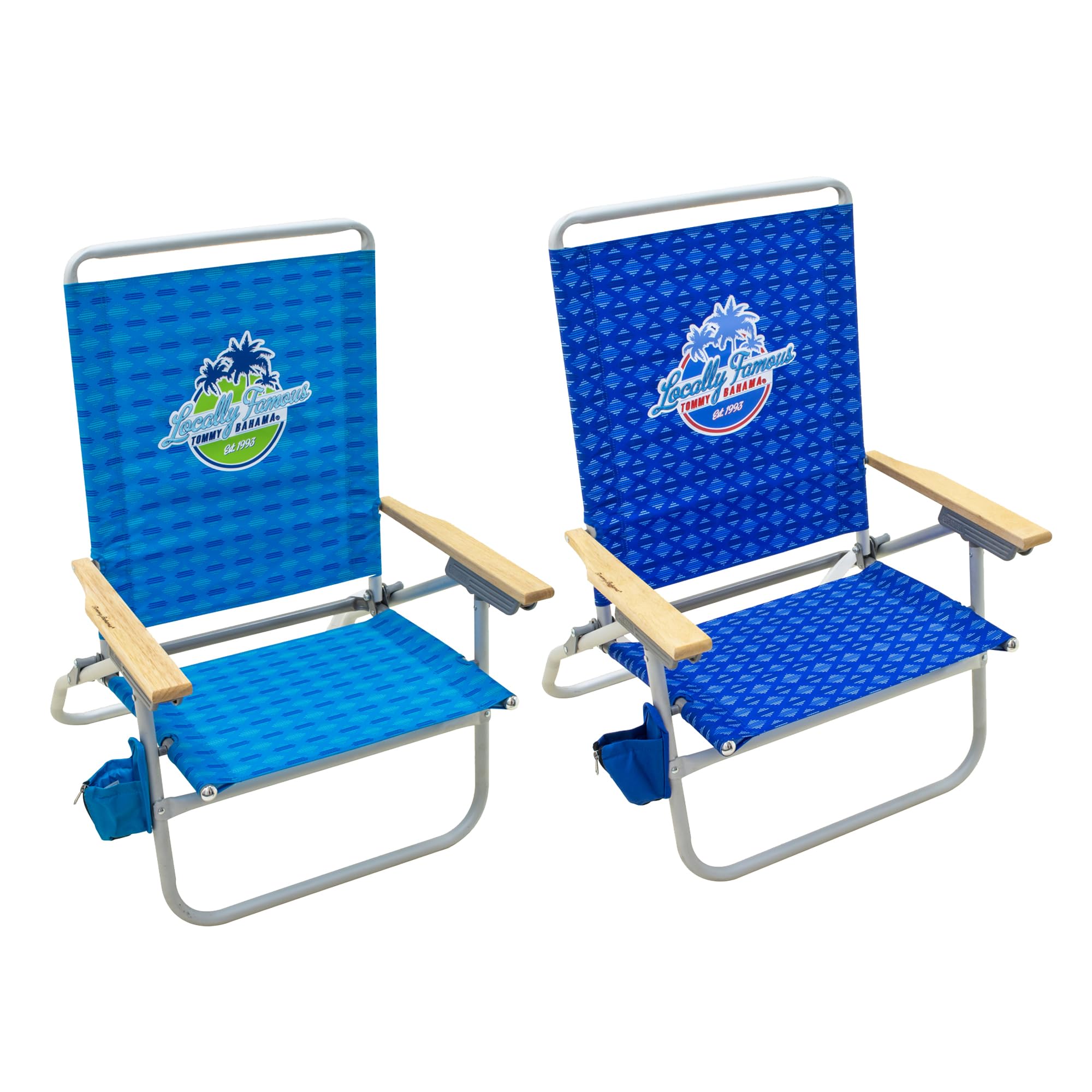 Tommy Bahama two-pack chairs in blue offer comfortable seaside seating.