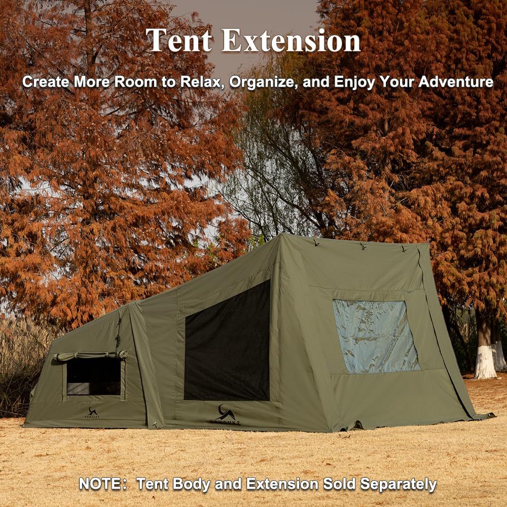 TOMOUNT inflatable canvas tent side view shows roomy interior and design.