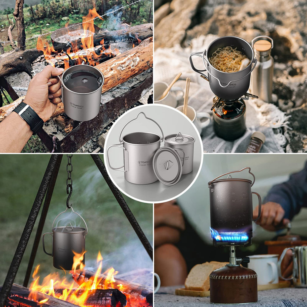 TOMSHOO pot shown boiling water or coffee for quick outdoor meals.