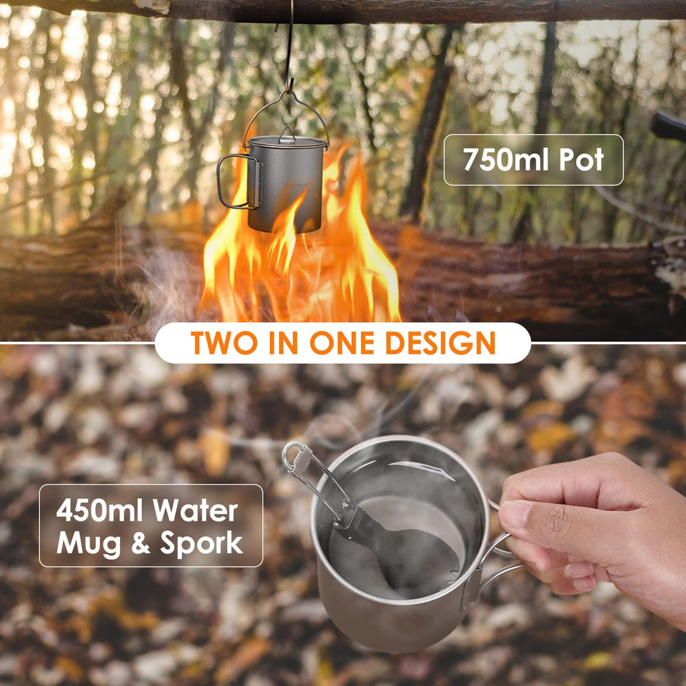 TOMSHOO titanium pot packs compactly for ultralight backpacking trips.