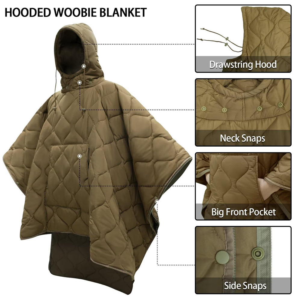 Tongcamo Poncho Liner Sleeping Bag Transform shows zipped conversion for camping sleep.