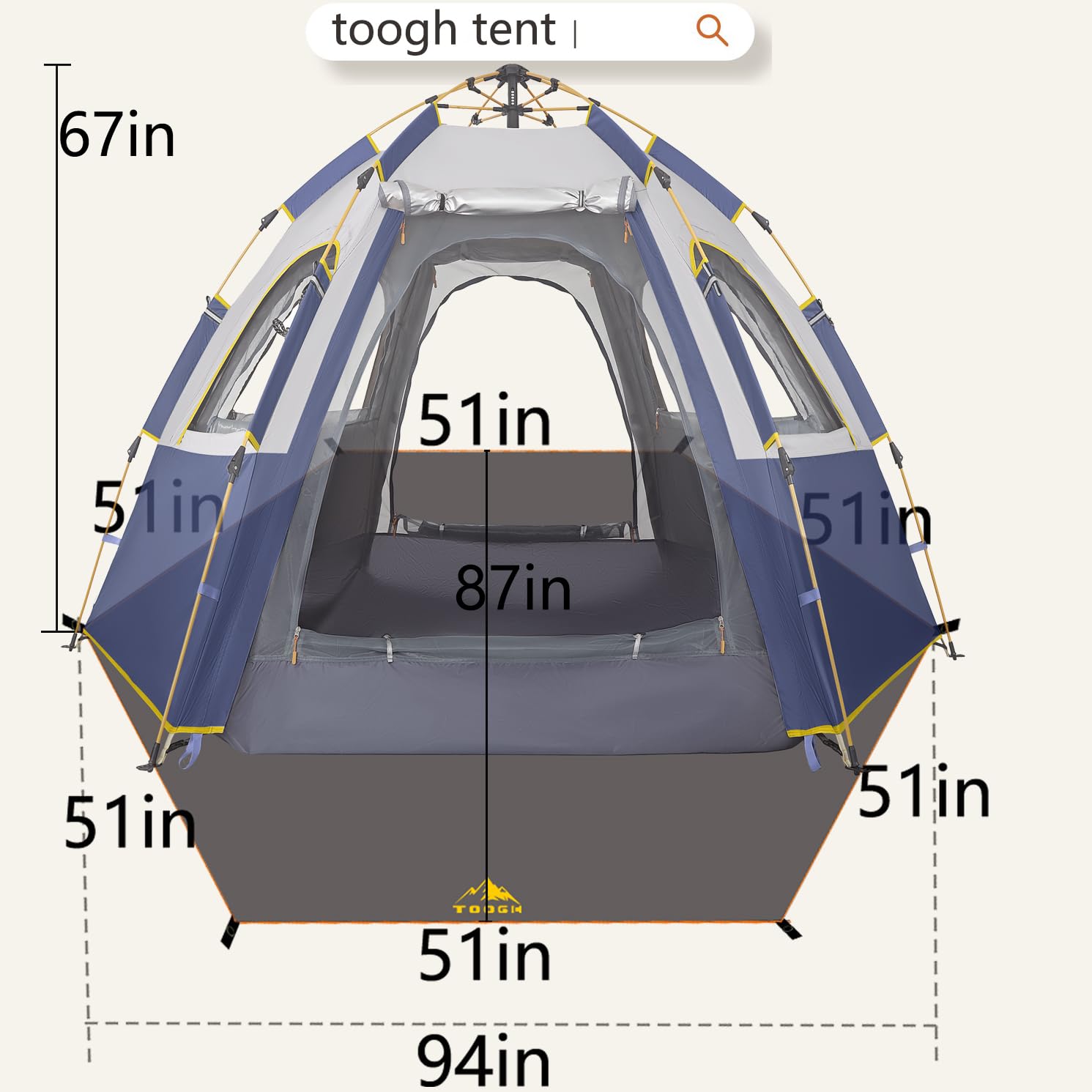 Toogh camping tent two-door-poles create front vestibule for extra gear space.