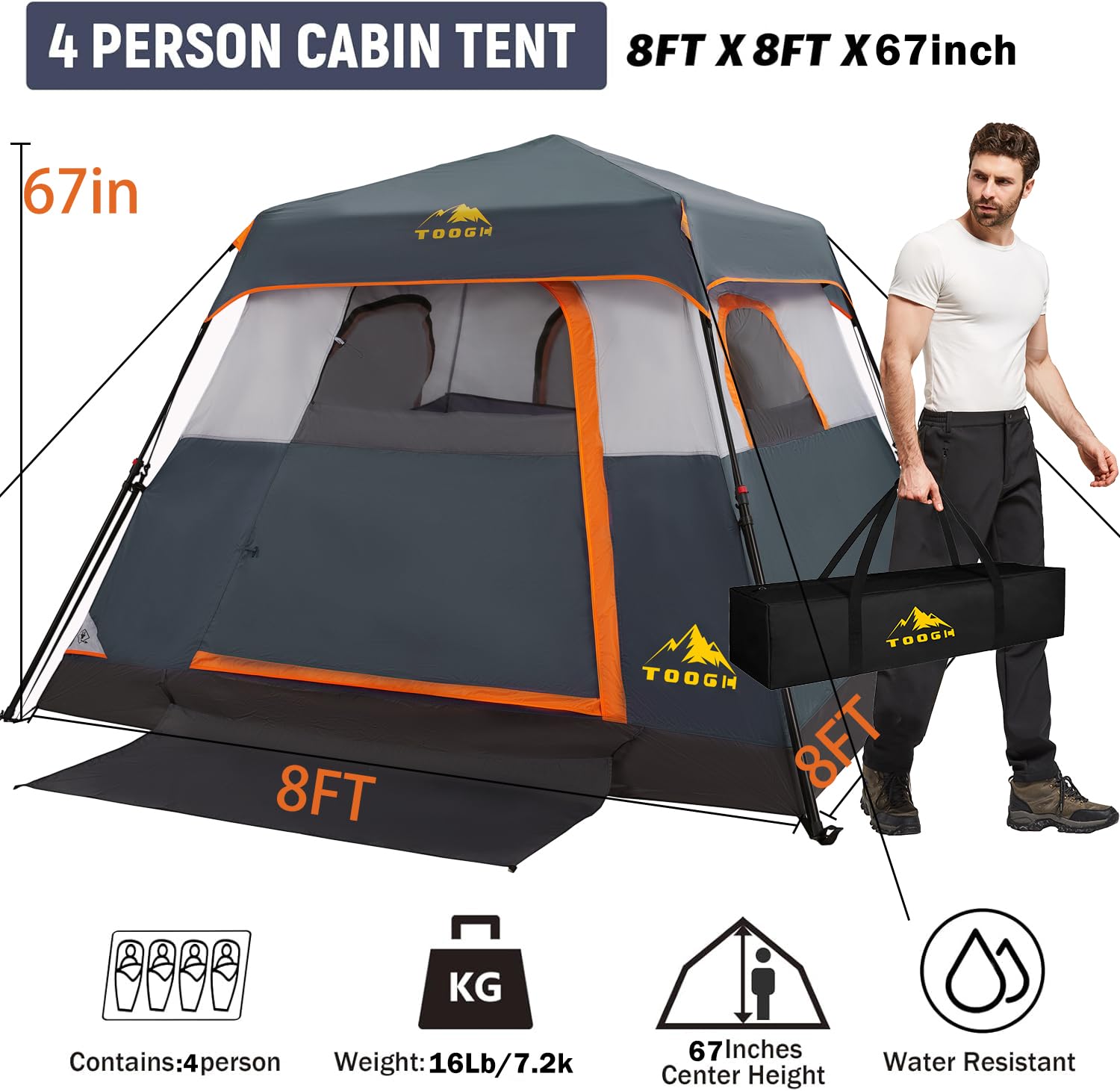 Toogh tent with door and windows for breathable airflow and easy access.
