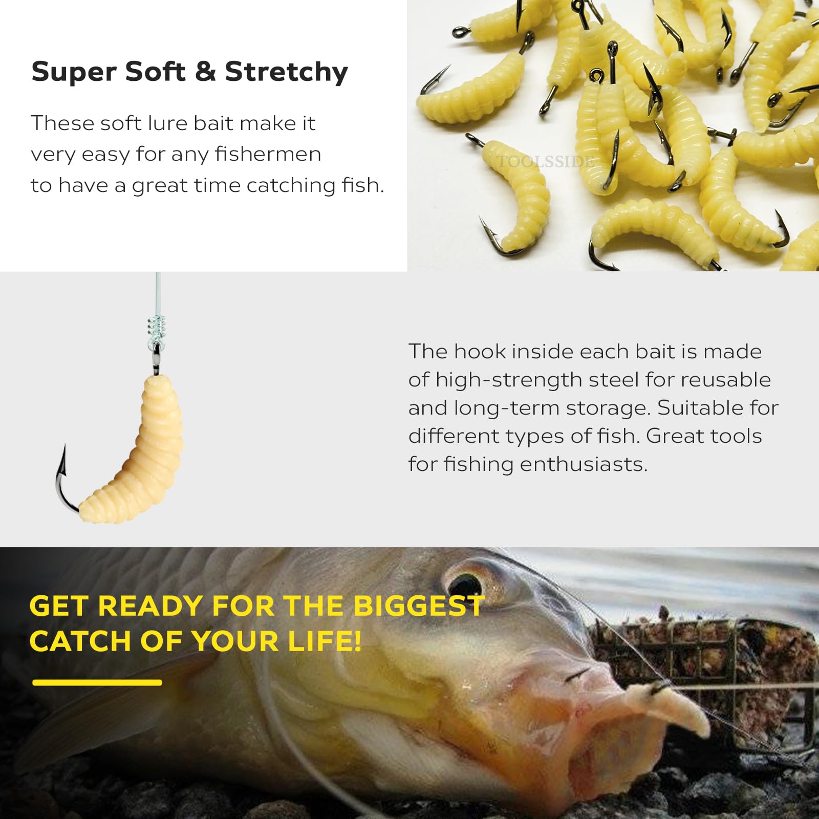 Lifelike rubber maggots mimicking live bait underwater