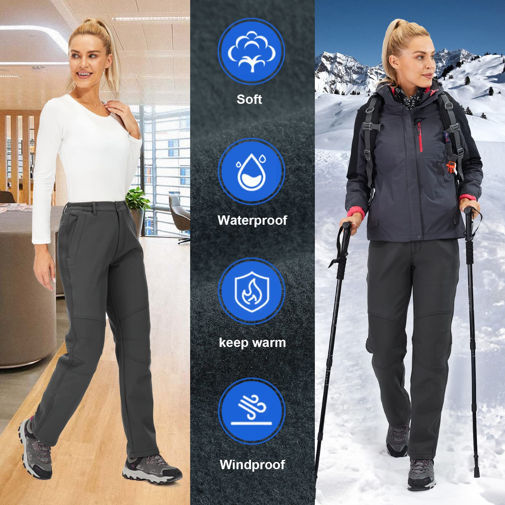 Toomett grey winter travel pants with softshell performance.