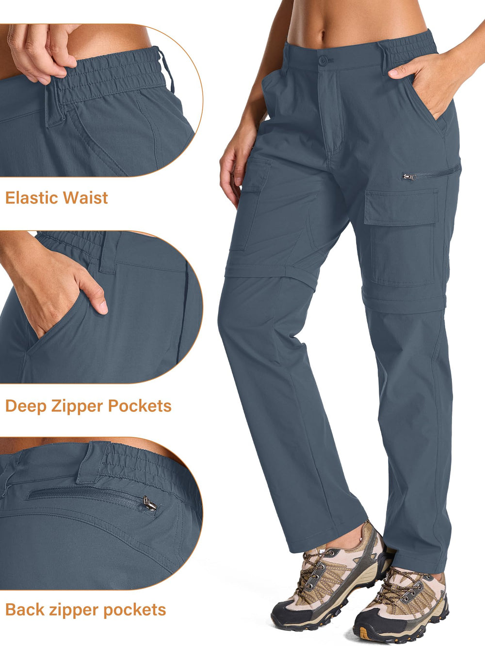Toomett women's hiking pants packable flat lay demonstrating easy storage.