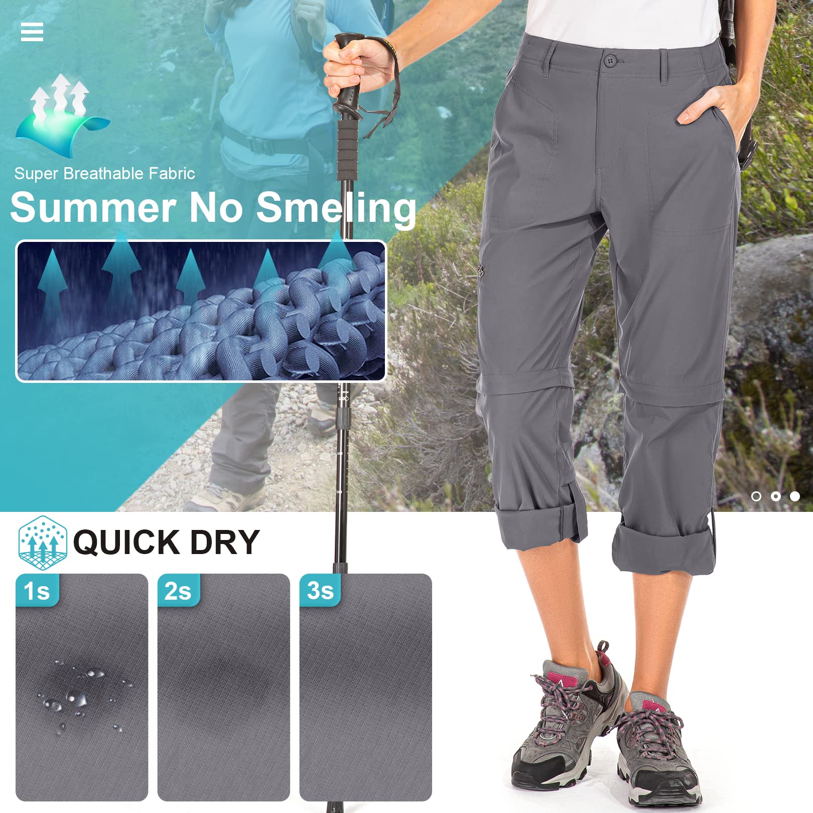 Toomett women's hiking pants stretch fabric close-up showing 4-way movement.