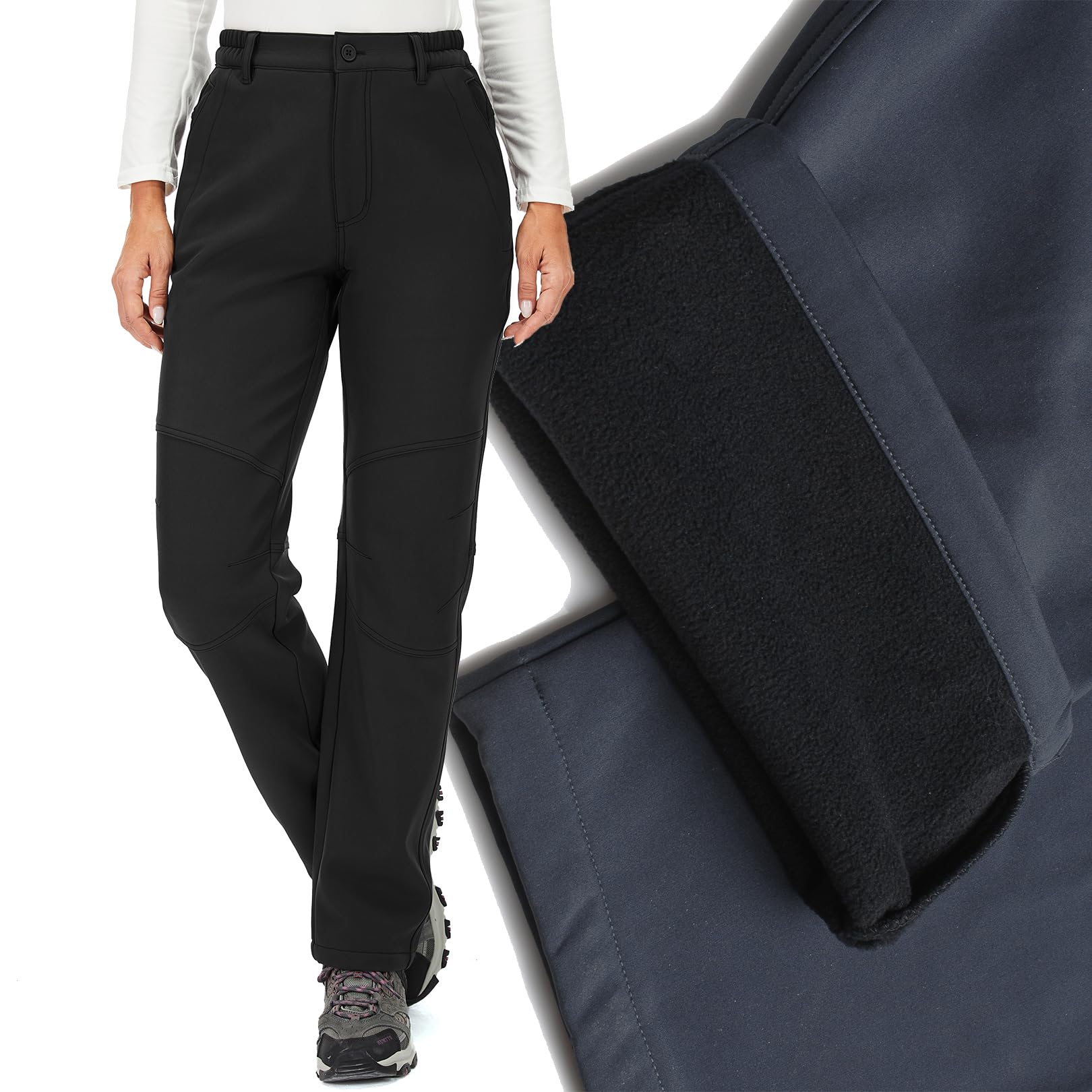 Toomett fleece-lined snow pants showing inner warmth and moisture-wicking comfort on hikes.