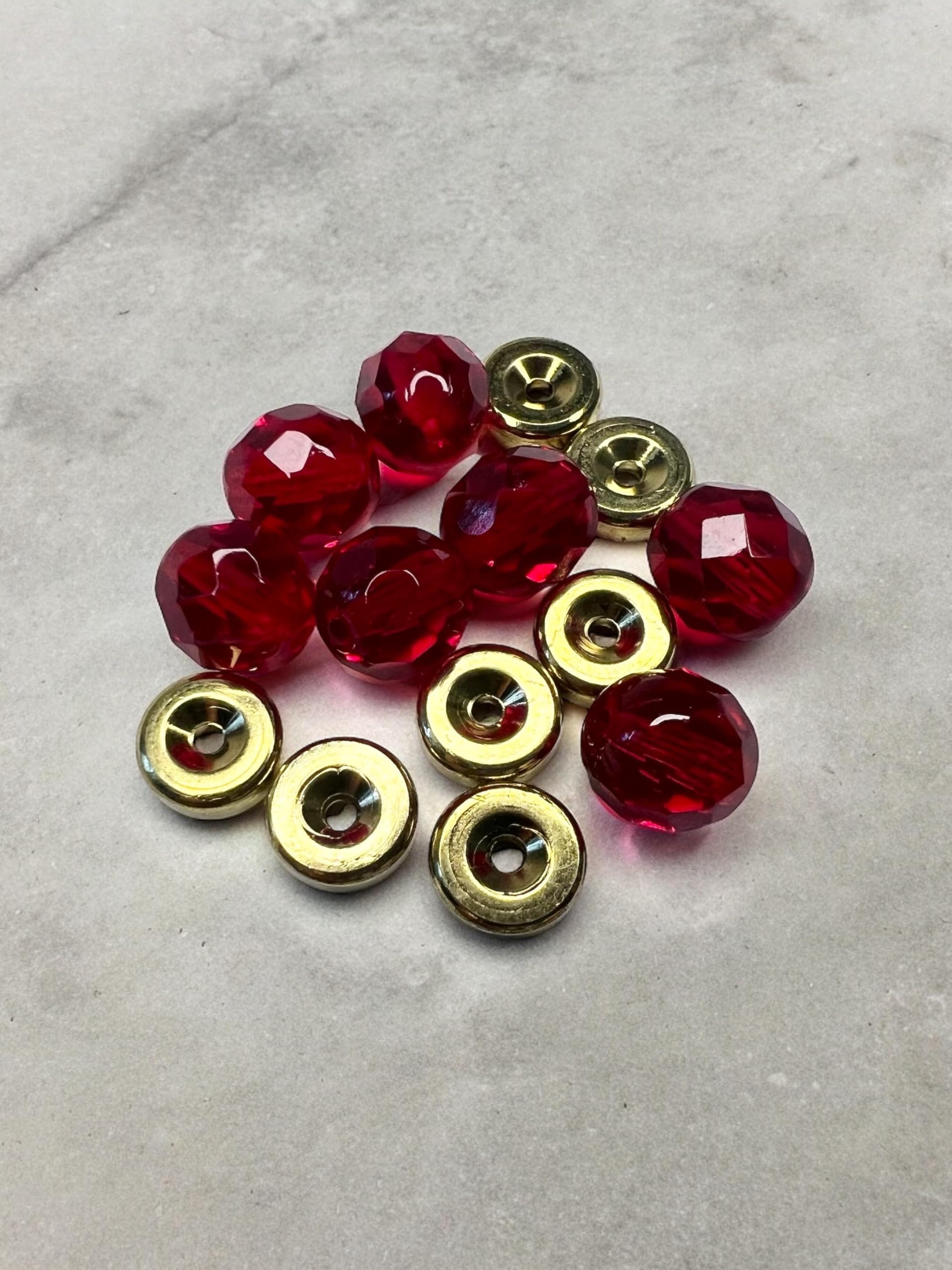 Close-up: Brass Top Brass Carolina Tickers with red 8mm glass beads