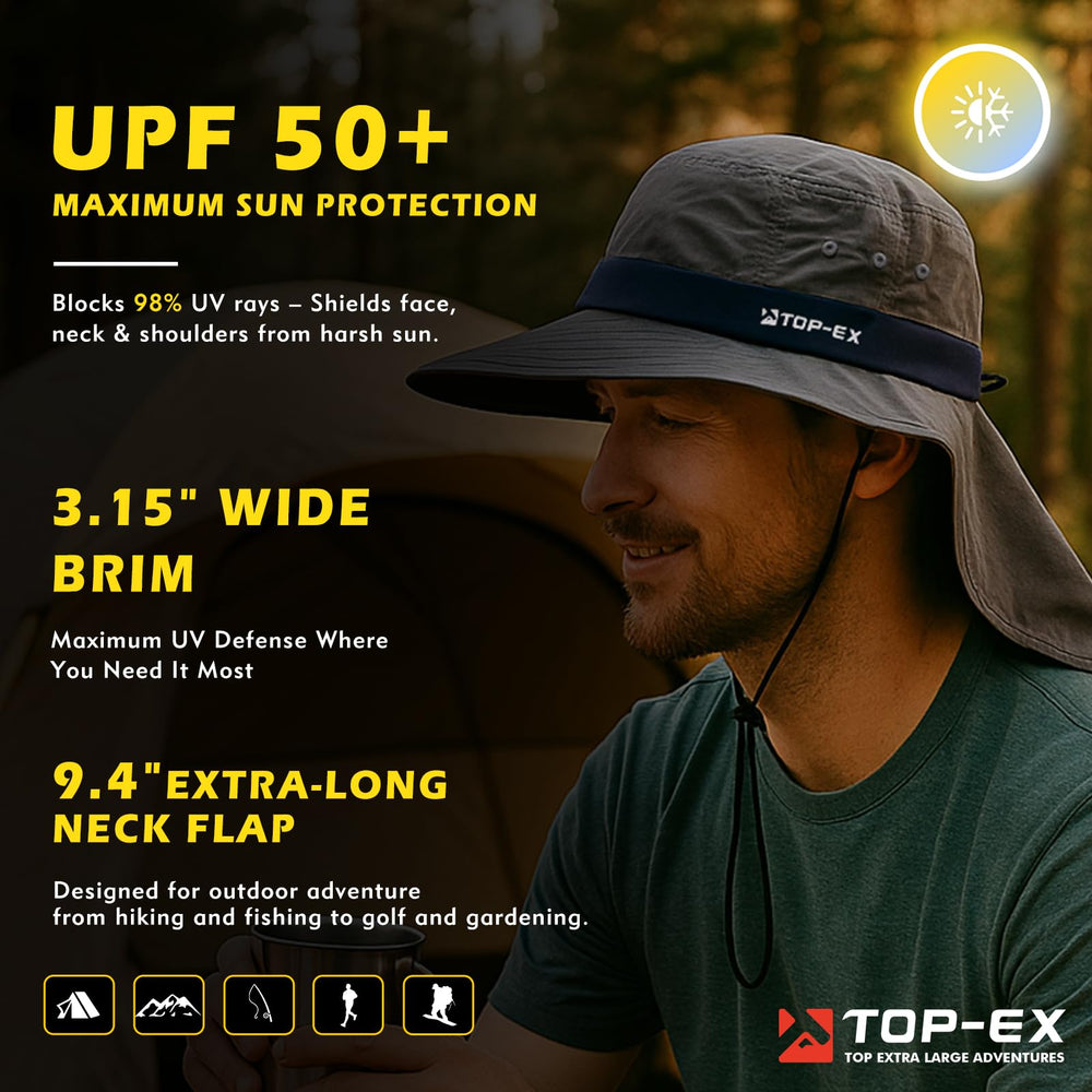 TOP-EX adjustable chin strap ensures secure fit during hiking and mowing.