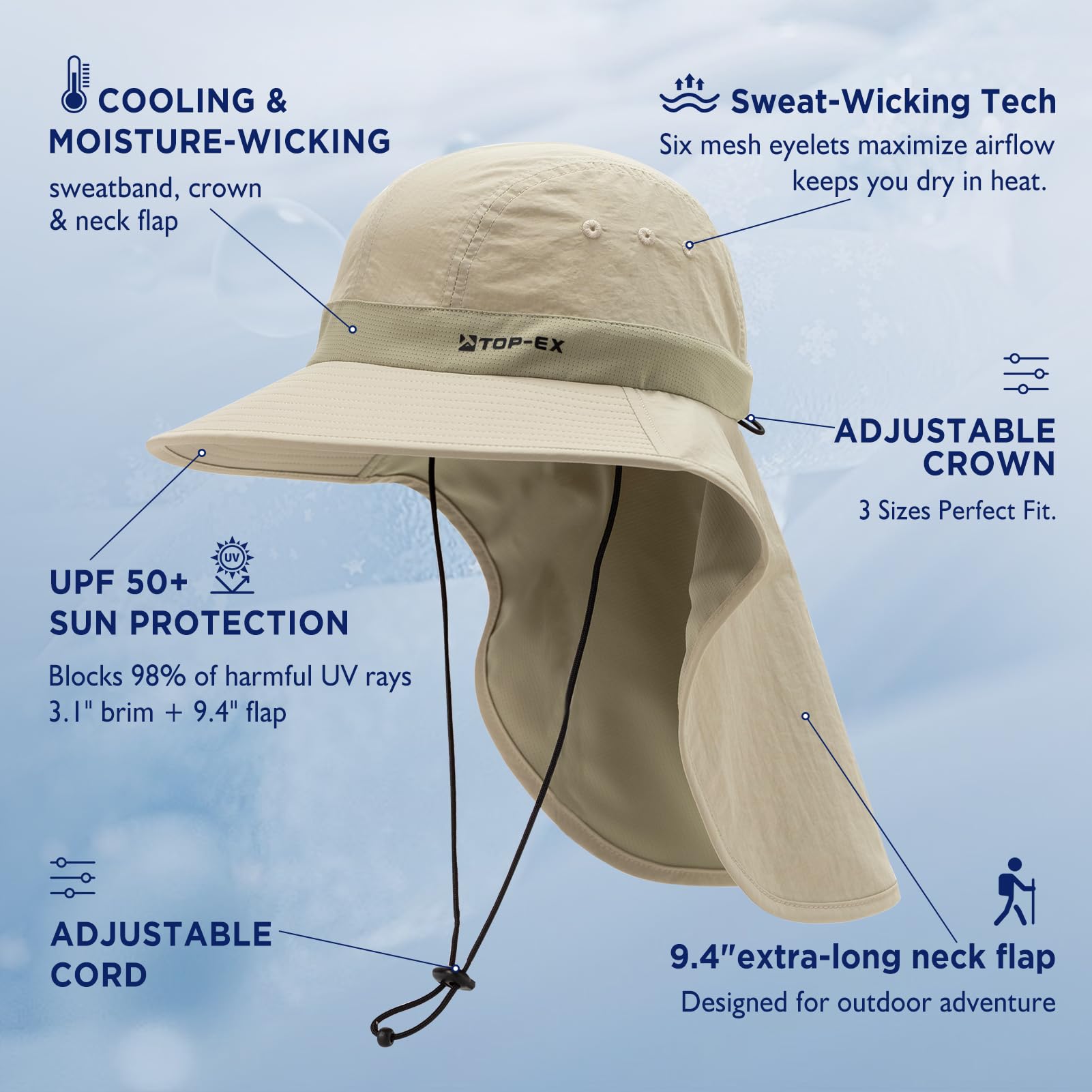 TOP-EX rollable brim design stays rigid in wind during outdoor activities.