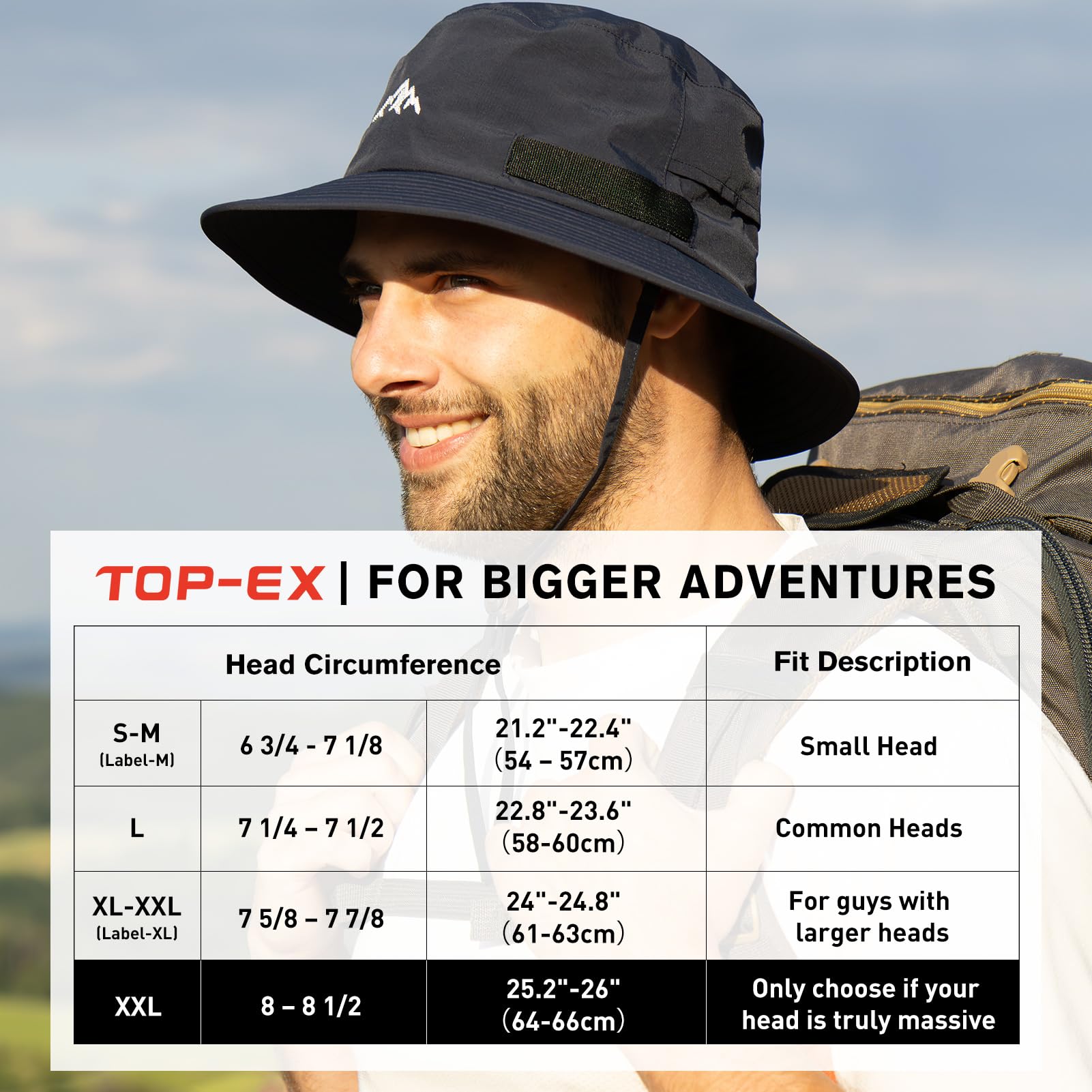 TOP-EX waterproof men's bucket hat brim close-up showing stiff brim for wind and rain defense