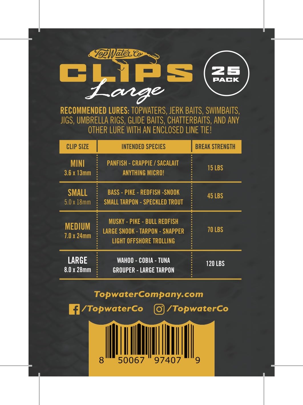 Top Water speed clip showing multiple sizes from 15lb to 120lb for different targets.