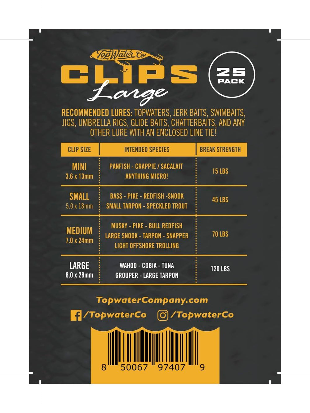 Top Water speed clip showing multiple sizes from 15lb to 120lb for different targets.