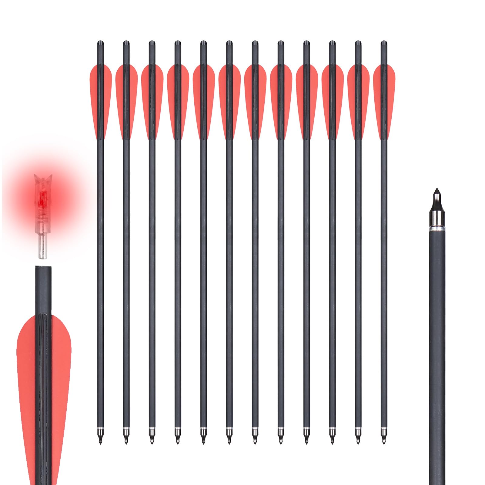 TOPARCHERY crossbow bolts with lighted nocks in red illuminate targets for quick locating.
