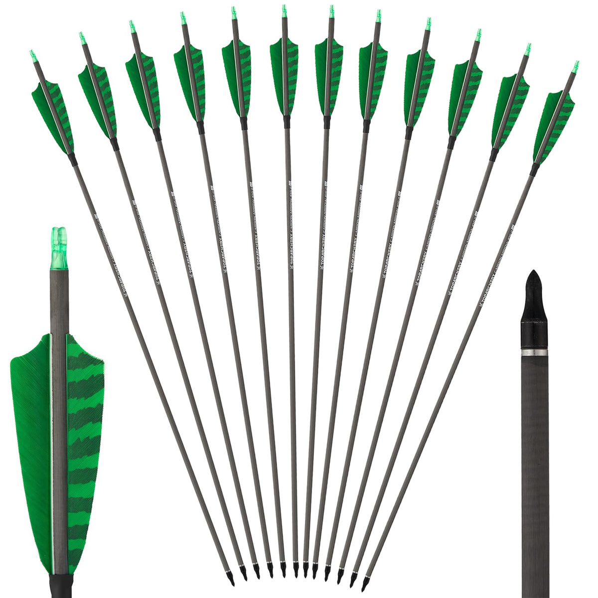 TOPARCHERY premium carbon arrows, 33-inch total length for stable practice shots.