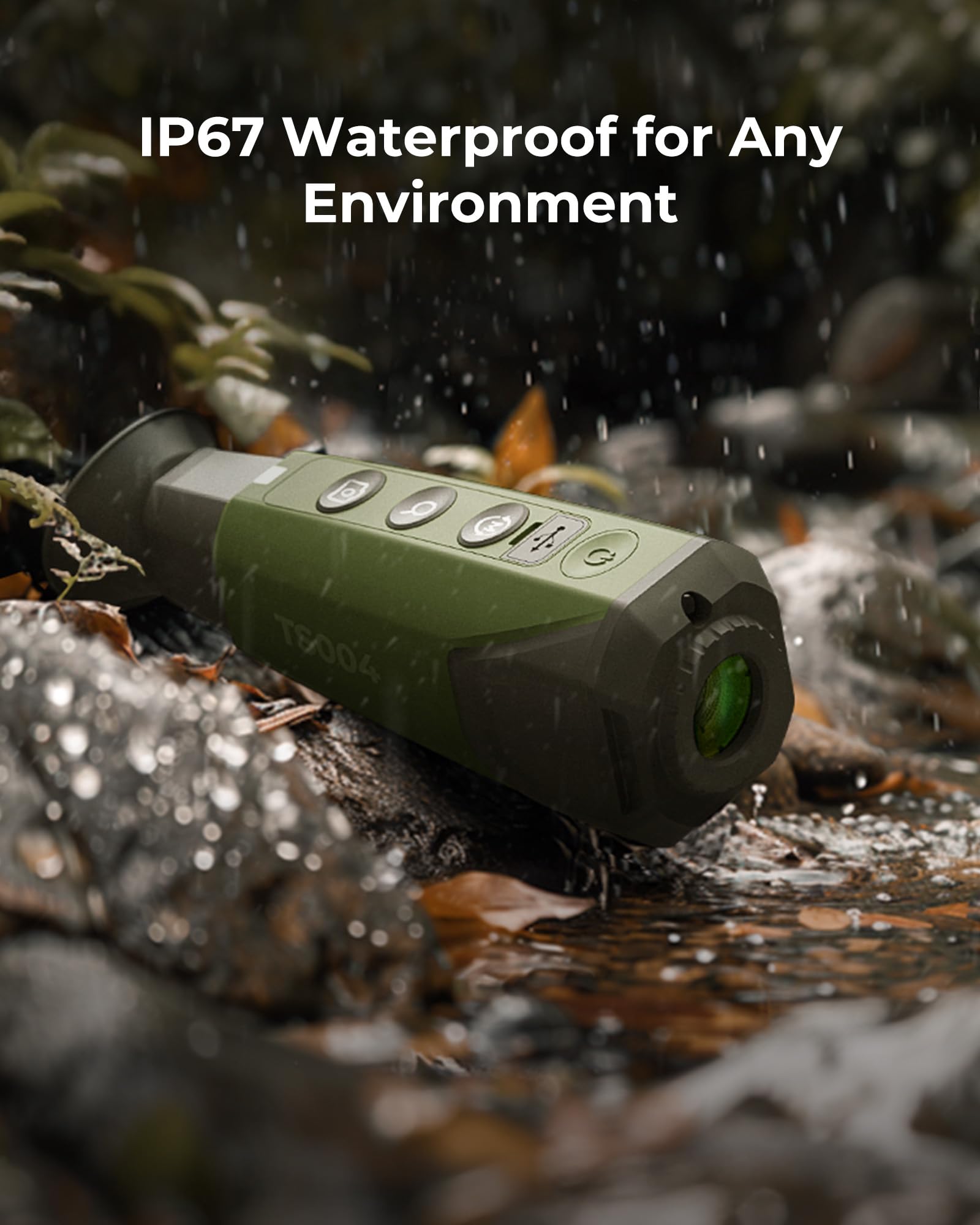 Topdon TS004 detection-range capture highlights up to 410 meters through fog and vegetation.