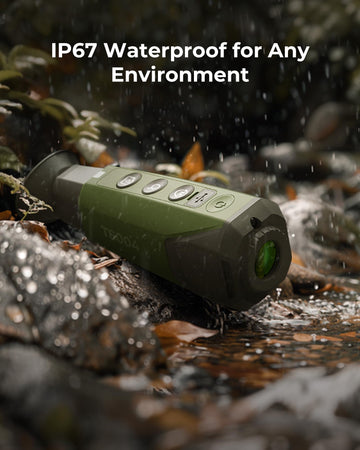 Topdon TS004 detection-range capture highlights up to 410 meters through fog and vegetation.
