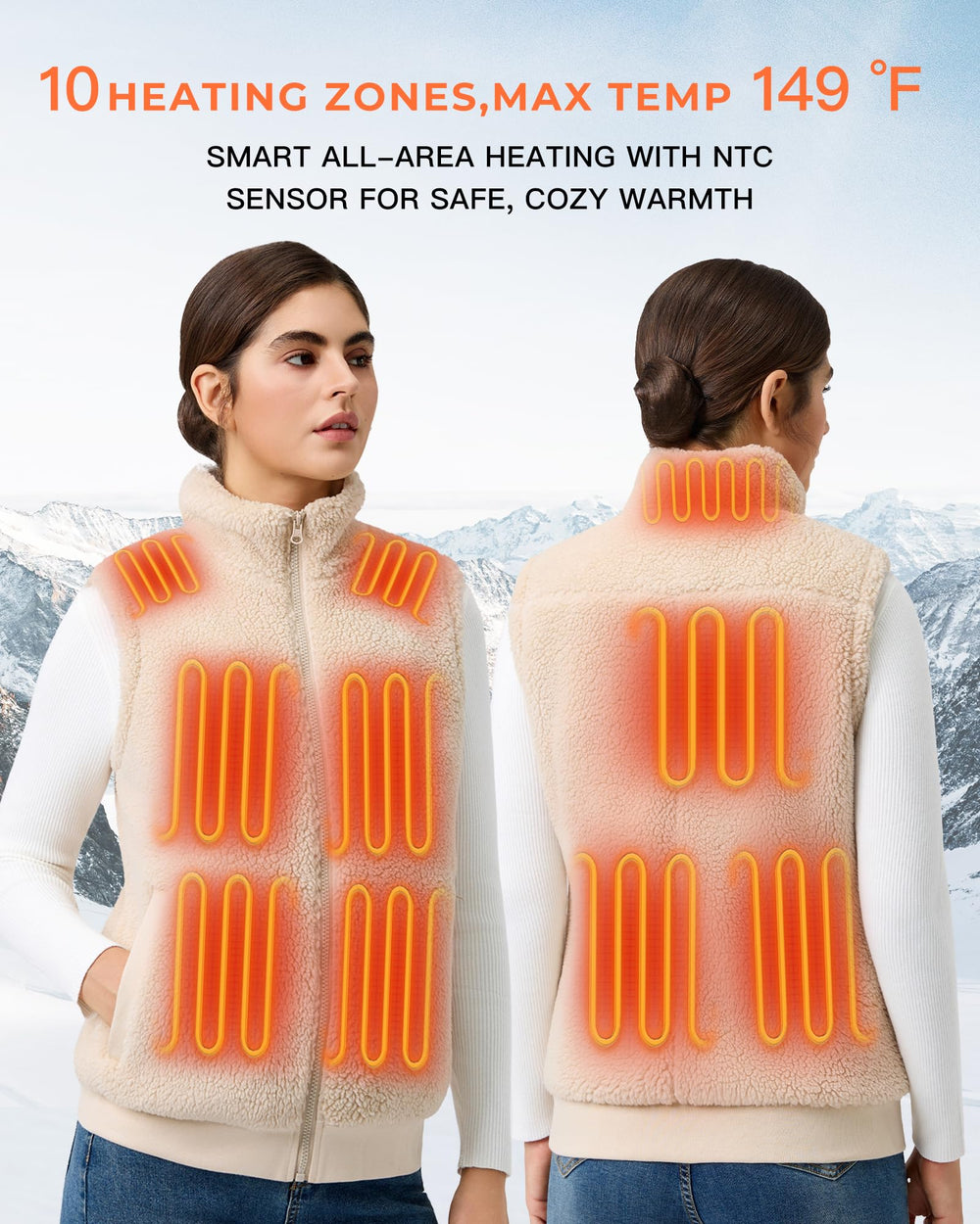 Topdot fuzzy fleece heated vest back view highlights full-back heat coverage.