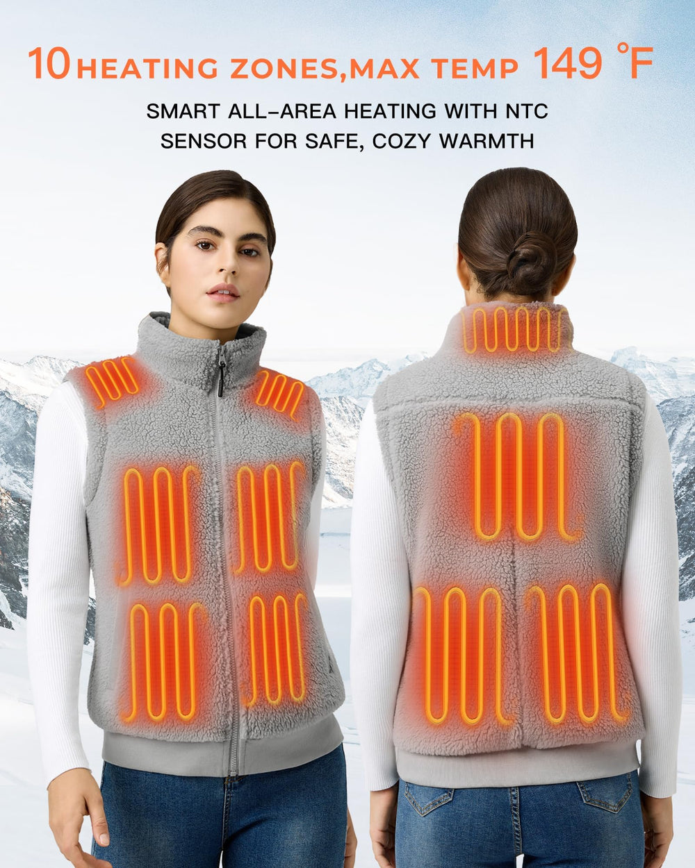 Topdot fuzzy fleece heated vest back view highlights full-coverage warmth for outdoor activities.