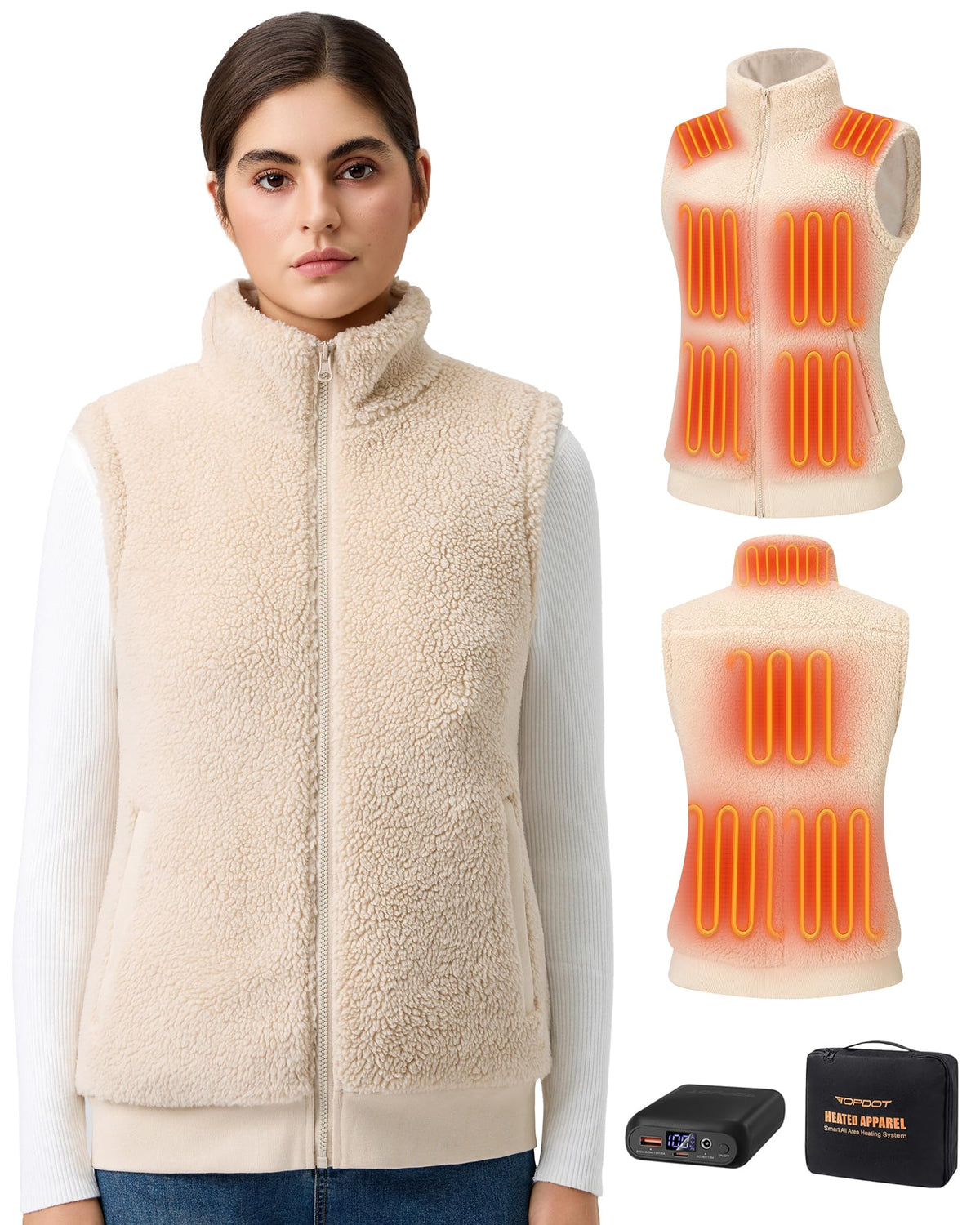 Topdot fuzzy fleece heated vest front view shows cozy warmth for outdoor activities.