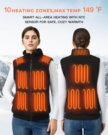 Topdot fuzzy fleece heated vest stand collar detail for wind protection.