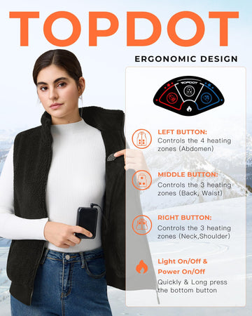 Topdot heated vest worn during winter activities for skiing or commuting