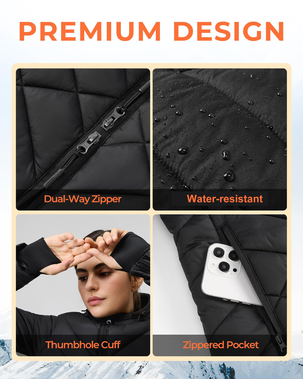 Topdot Graphene heated jacket worn in snowy urban setting for winter warmth