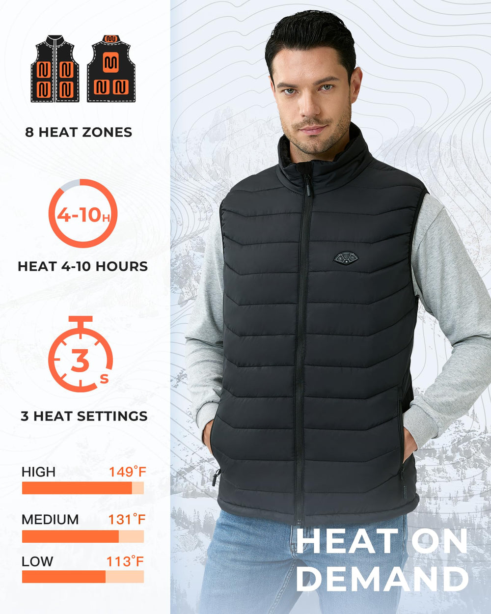 Topdot heated vest back view highlighting multi-zone warmth coverage.