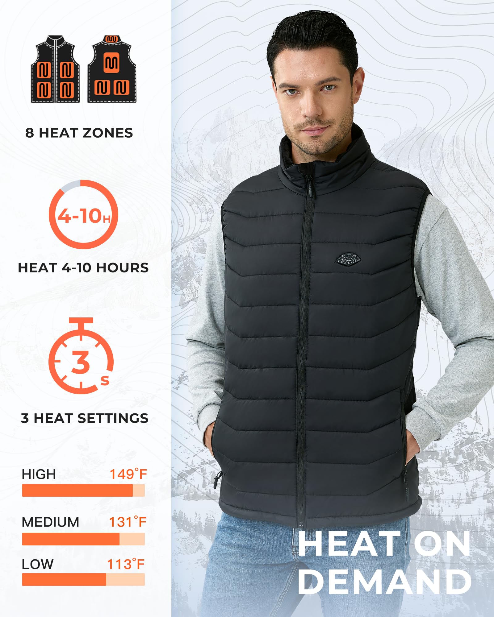 Topdot heated vest back view shows even heat distribution for all-day warmth