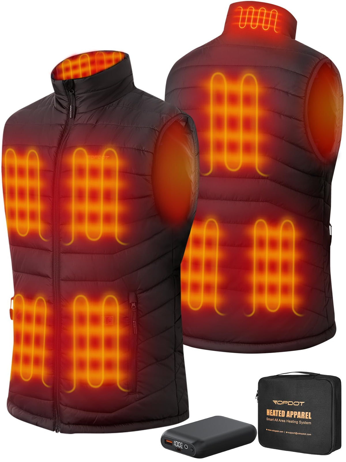 Topdot heated vest front view showing eight heating zones for full-body warmth.
