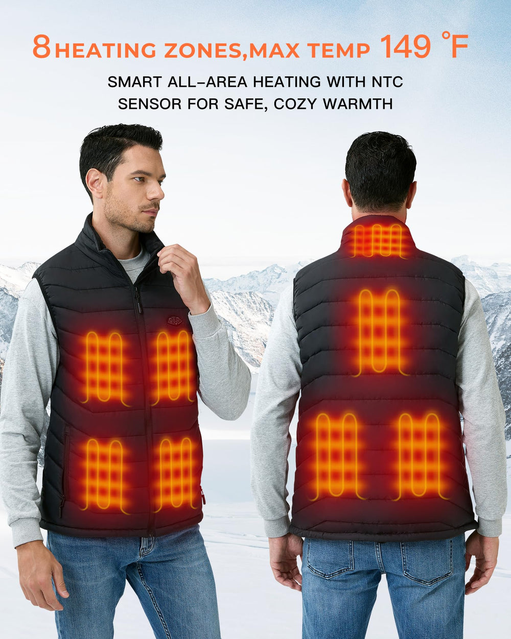 Topdot heated vest heat zones with control button for personalized comfort.